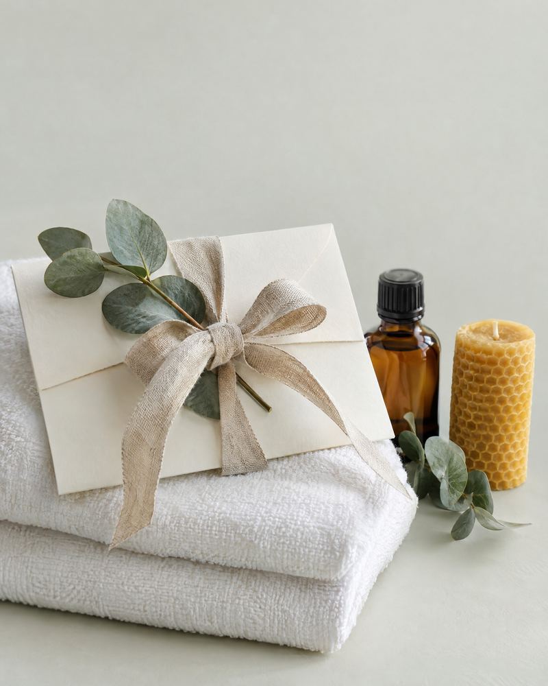 Carte cadeau nouée d'un ruban de lin et d'eucalyptus