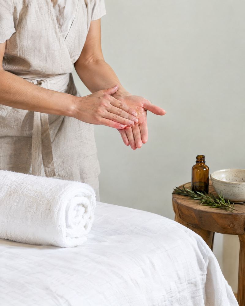 Une praticienne réchauffe l'huile de massage entre ses mains, près de la table de soin