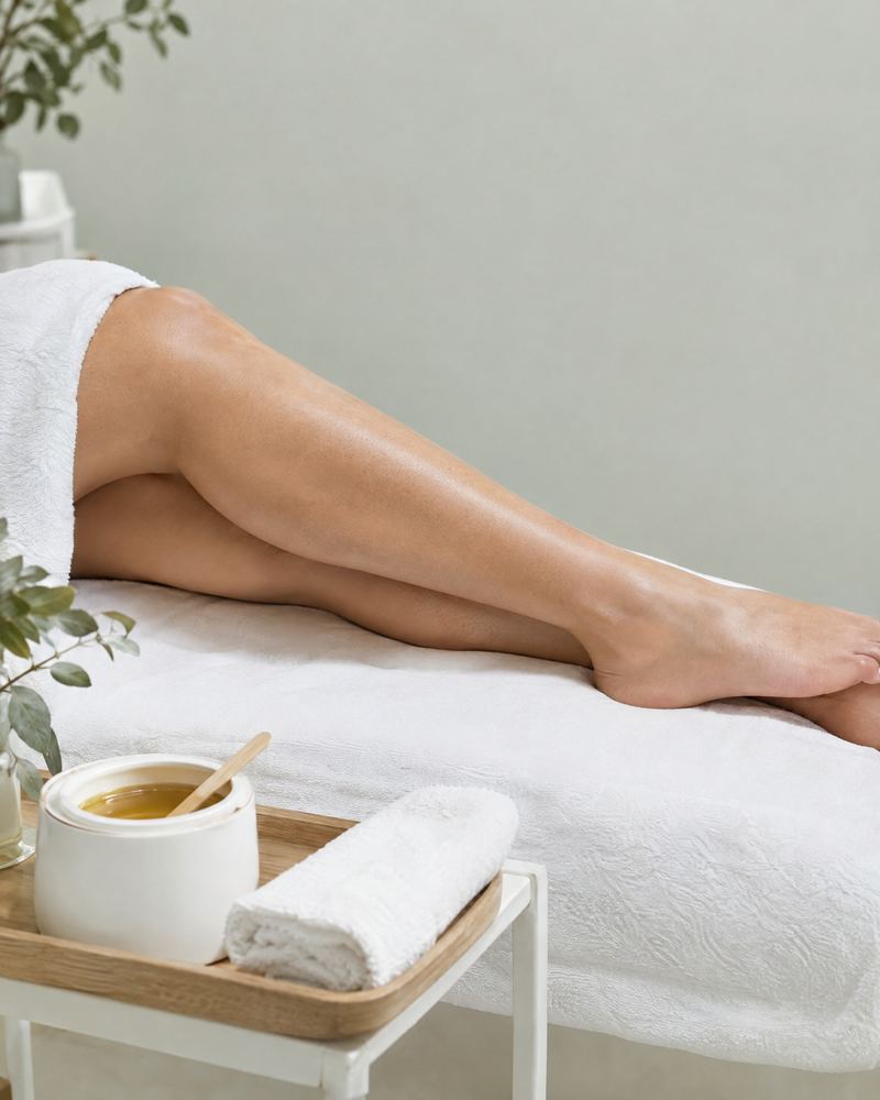 Jambes sur la table de soin, pot de cire et spatule en bois