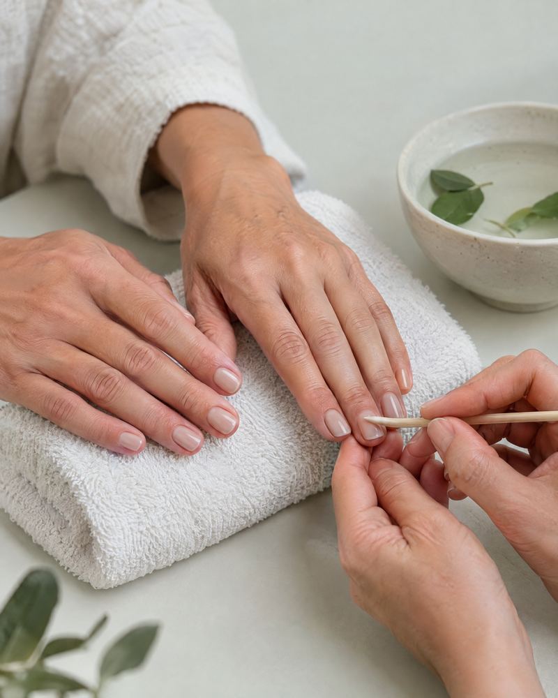 Manucure naturelle sur une serviette blanche
