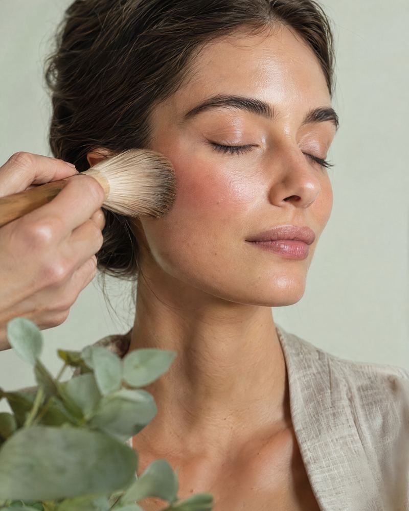 Pose d'un blush au pinceau pour un maquillage naturel